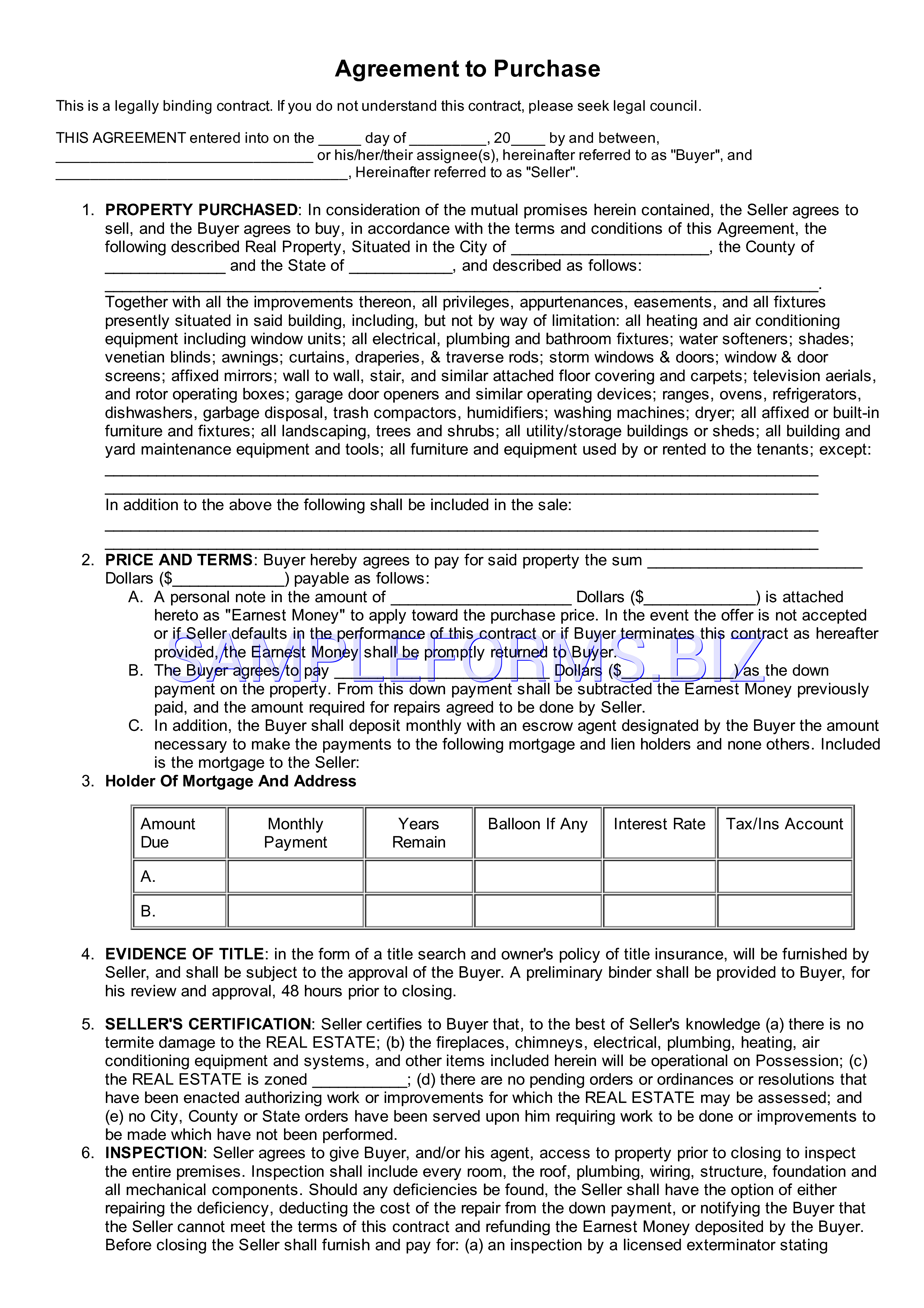 Preview free downloadable Pennsylvania Agreement to Purchase Real Estate Form in PDF (page 1)